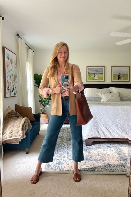 Work outfit of the day .. still feeling like spring and making the most of my sweater blazer

Wide leg jeans 

Pink gingham check button down

Woven flats are perfect for summer office days

Casual work outfit idea 

#LTKSeasonal #LTKstyletip #LTKshoecrush