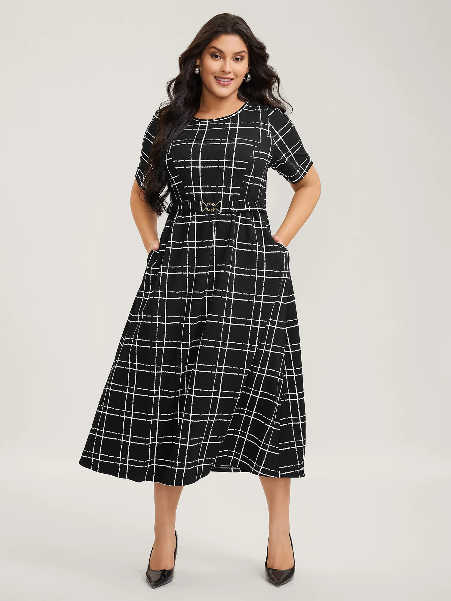 Grid Print Knit Belted Maxi Dress | Bloomchic