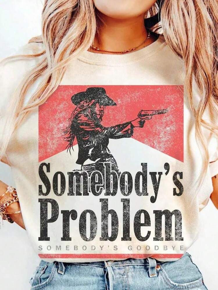 Vintage Somebody's Problem Cowgirl Rodeo T-Shirt – Retro Y2K Bootleg Graphic Tee | Heavy Cotton Women Top With Round Neck | SHEIN