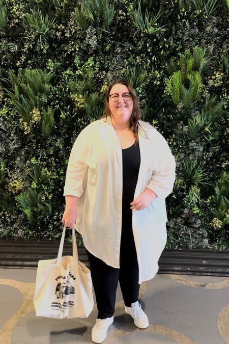 Plus size OOTD — wearing an open front white shirt from Torrid in a size 5, a Torrid tank top in a size 4, a pair of lounge pants from Free Label (linked similar), a pair of Reebok sneakers, and a tote bag. 

#LTKcurves #LTKsalealert #LTKSeasonal