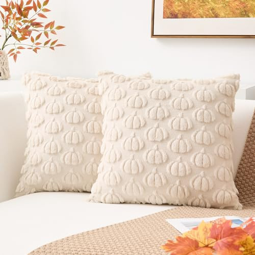 Kevin Textile Fall Pumpkins Pillow Covers 18x18 Inch Set of 2 Cute Autumn Decorative Square Pillowcases Soft Faux Fur Cushions Harvest Gift for Couch Sofa Chair Bedroom Home Decor, Beige | Amazon (US)
