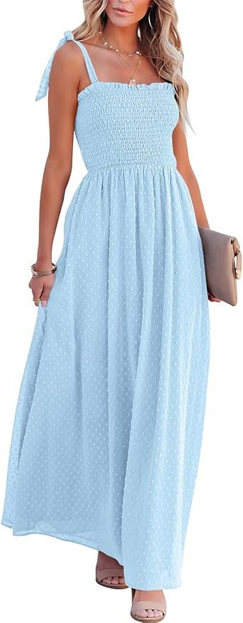 Caracilia Women's Summer Smocked Tie Strap Swiss Dot Chiffon Split A Line Long Maxi Dress | Amazon (US)