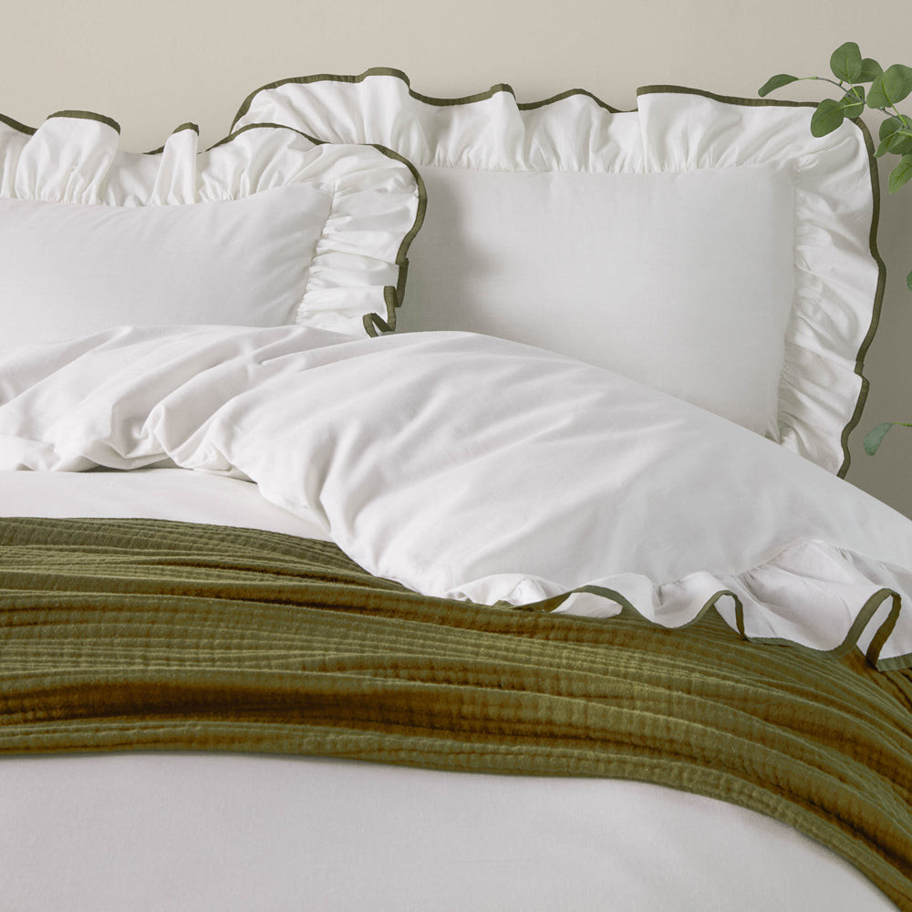 Blousey Cotton Ruffle Duvet Cover Set Olive | Furn UK