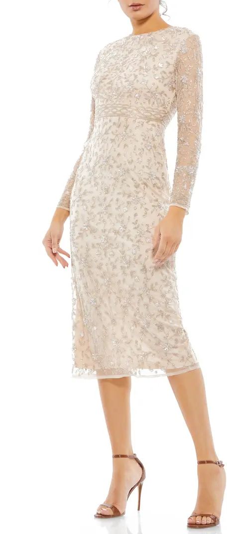 Beaded Floral Long Sleeve Cocktail Midi Dress | Nordstrom