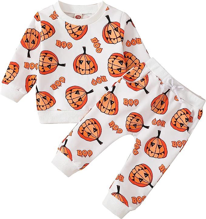 Infant Baby Boy Halloween Clothes Pumpkin Long Sleeve Pullover Tops Drawstring Pants Bubble Rompe... | Amazon (US)