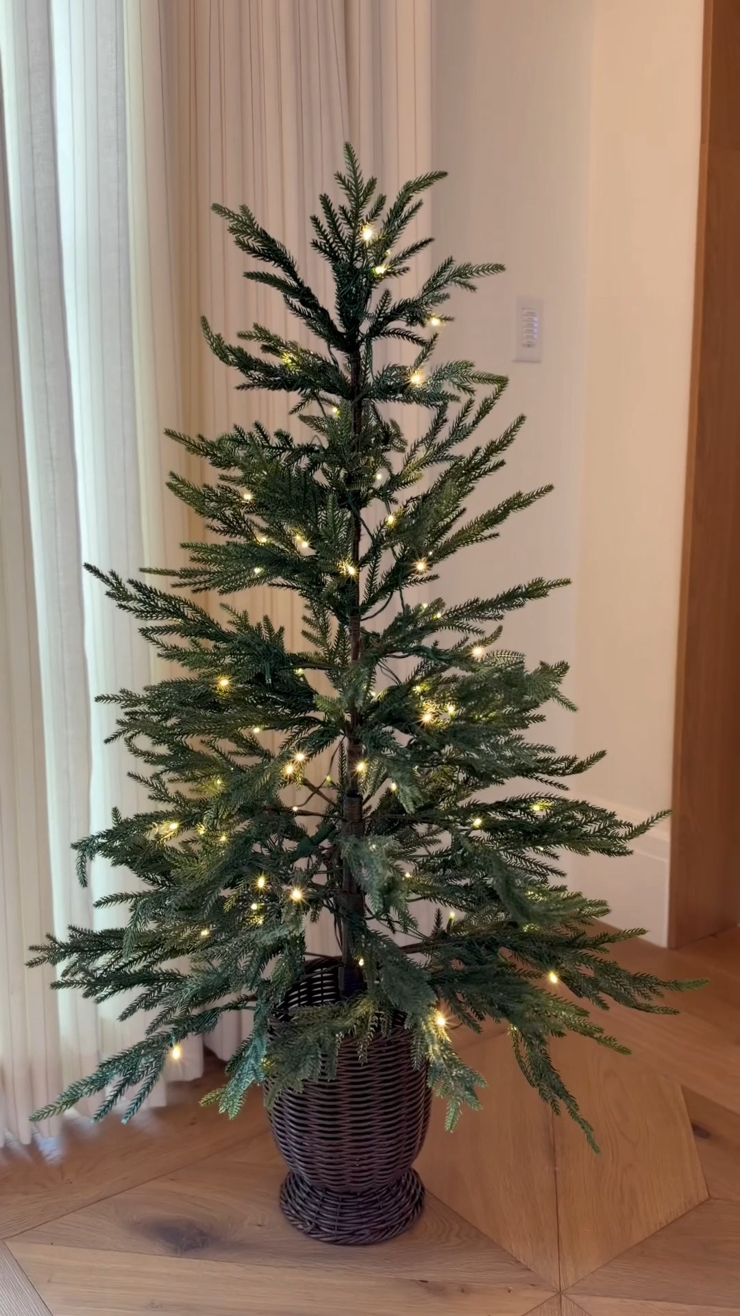 These mini twinkle light trees are so cute and come with the woven basket stand. Mine are the 4 ft Norfolk but they come in a 2ft option too. They will sell out! I got 2 and plan to use them on my porch.