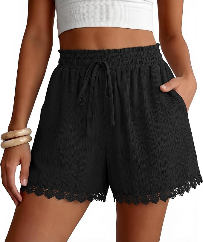 ZESICA Women's Summer Beach Vacation Shorts 2026 Cute Elastic Drawstring Waist Lace Trim Wide Leg... | Amazon (US)