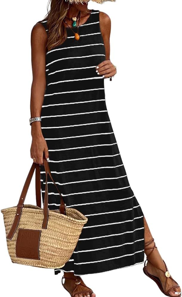 BLENCOT Women's Summer Sleeveless Striped Racerback Long Dress Casual Beach Maxi Tank Dresses | Amazon (US)