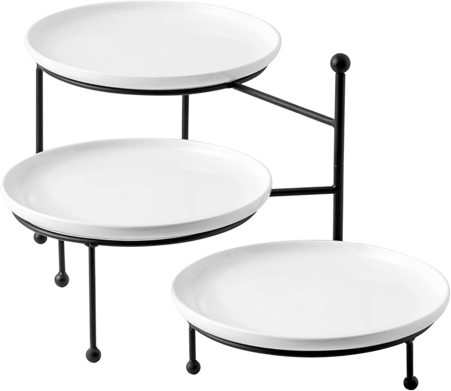 Kanwone 3 Tiered Serving Stand with White Porcelain Plates, Swivel Food Display Stand, 10" x 10" ... | Amazon (US)