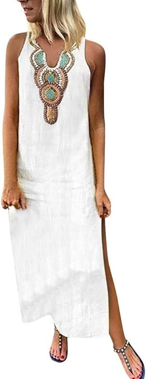 Women's Sleeveless Maxi Dress Vintage Boho Floral Summer Beach Tunic Tank Dress Casual Loose Swin... | Amazon (US)