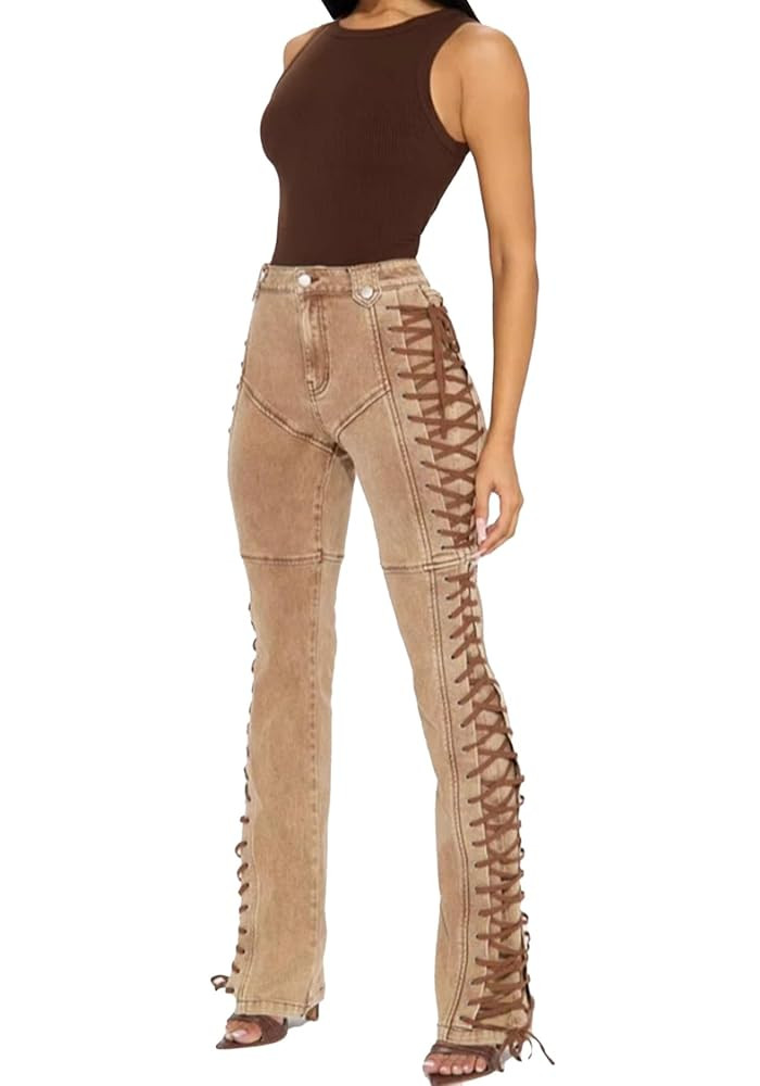 Women Straight Leg Jeans Casual Y2k High Waisted Lace UP Split Hem Jeans Slim Fit Trendy Denim Pa... | Amazon (US)