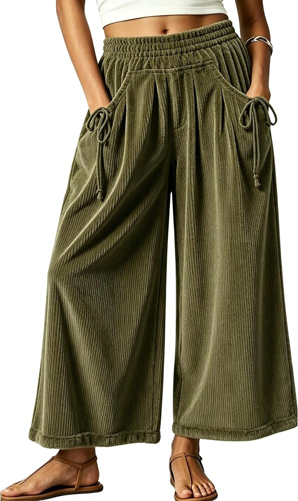 Athlisan Women's Corduroy Wide Leg Baggy Pants Elastic Waist Trousers | Amazon (US)