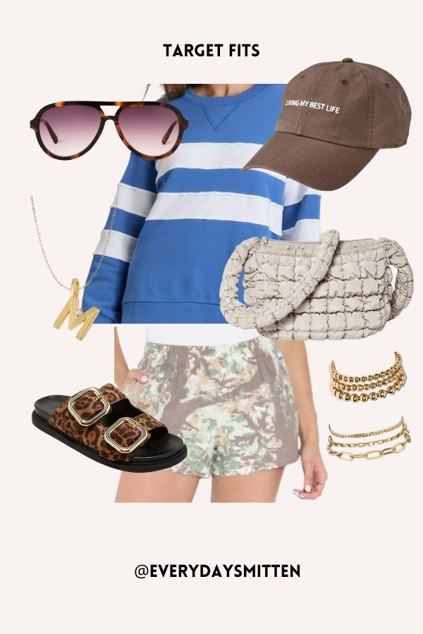 blue stripe sweatshirt target camo shorts cap hat leopard sandals crossbody bag purse look for less