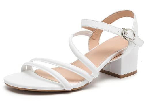 DADAWEN Women's Strappy Open Toe Rhinestone Low Block Chunky Heels Sandals Ankle Buckle Heeled Sandals Wedding Party Dress Pumps Shoes White US Size 7 | Amazon (US)