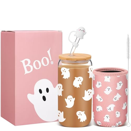 Blushtier Halloween Glass Coffee Cup with Lid and Straw 16oz Spooky Iced Coffee Mug with Sleeve Boo Basket Stuffers Halloween Gifts for Women Her Sister Friend(Pink Ghost) | Amazon (US)