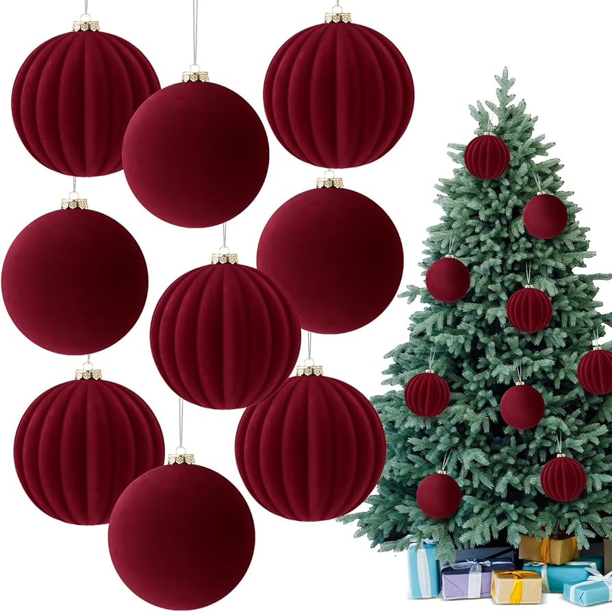 Syhood 9 Pcs 4 Inch Velvet Christmas Balls Large Velvet Xmas Tree Ornaments Balls Decorations Han... | Amazon (US)