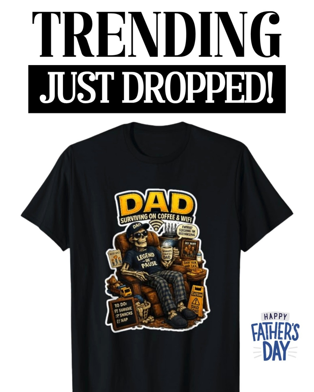 ☕💀 Dad Surviving on Coffee and Chaos! This hilarious skeleton graphic is perfect for dads who run on caffeine, dad jokes, and pure determination. Whether he's grilling, relaxing on the weekend, or tackling everyday life, this fun design is a must-have for Father's Day and beyond! 👨‍👧‍👦☕🔥

#LTKMensStyle #LTKGiftGuide #LTKSeasonal #LTKFinds #LTKUnder50 

 #LTKHome #LTKSaleAlert #LTKMens