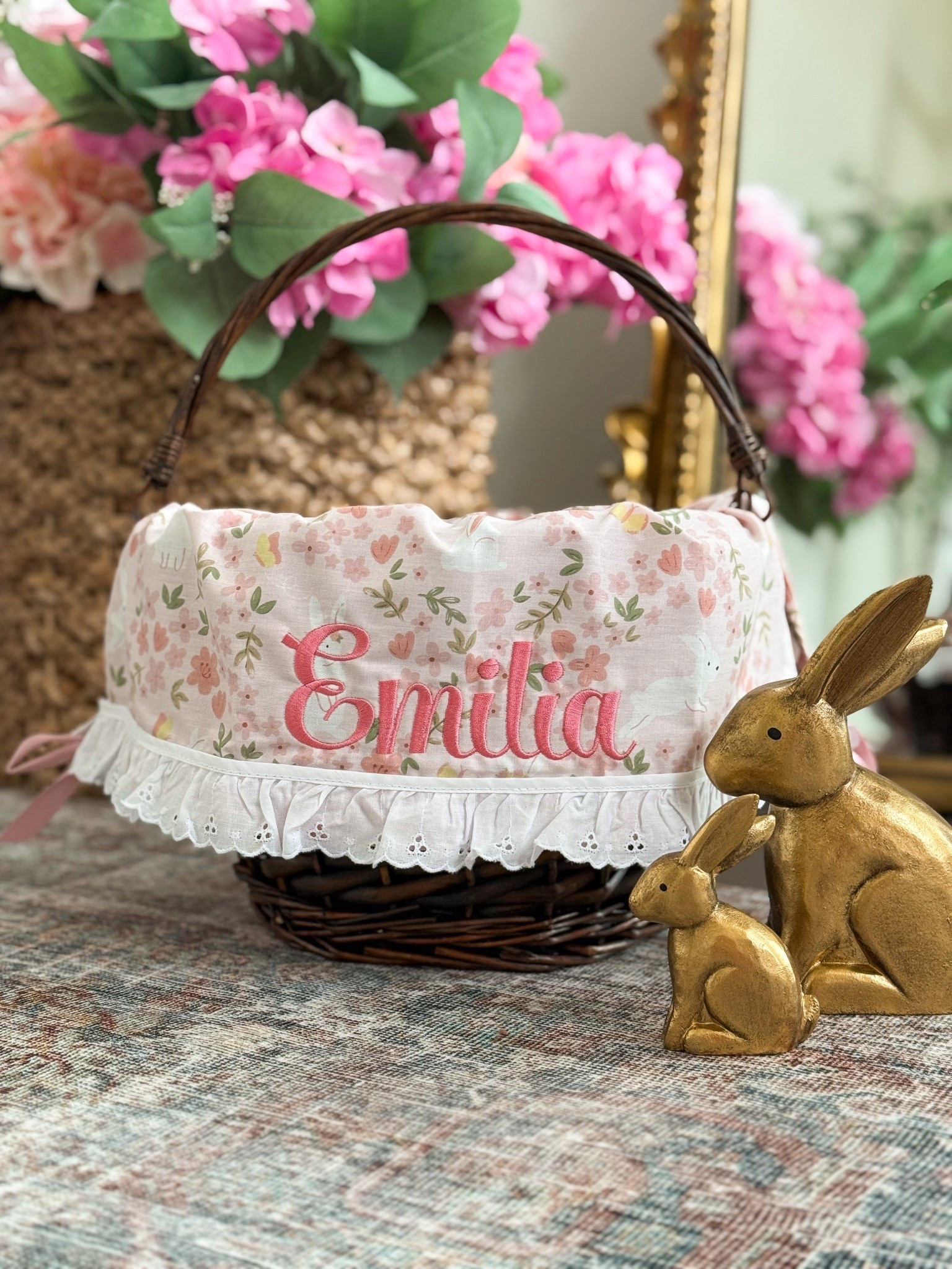 $10 Easter basket, customized liner and gold bunnies 

If the exact basket is sold out for online delivery, check to see if they have it for pickup in your local store! 

#LTKHome #LTKSeasonal #LTKKids