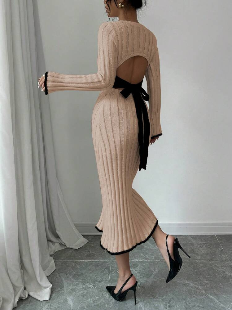 Elenzga Women Elegant Elegant Sexy Contrast Tie Backless Bodycon Sweater Dress | SHEIN
