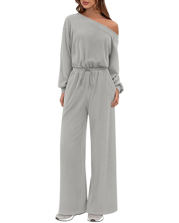 PRETTYGARDEN Long Sleeve Jumpsuit For Women Dressy 2025 Off Shoulder One Piece Loose Wide Leg Jum... | Amazon (US)