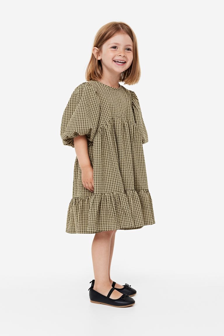 Puff-sleeved Dress - Dark khaki green/checked - Kids | H&M US | H&M (US + CA)