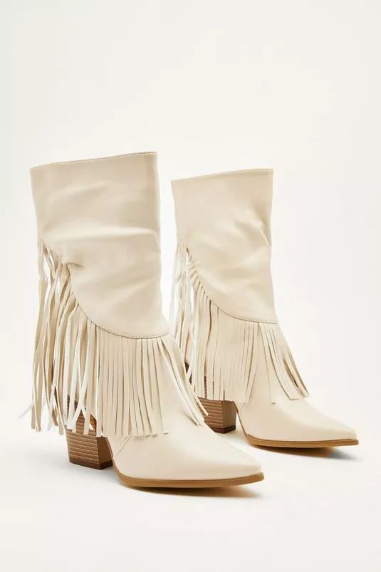 Faux Leather High Fringe Trim Pointed Western Boots | Nasty Gal (US)