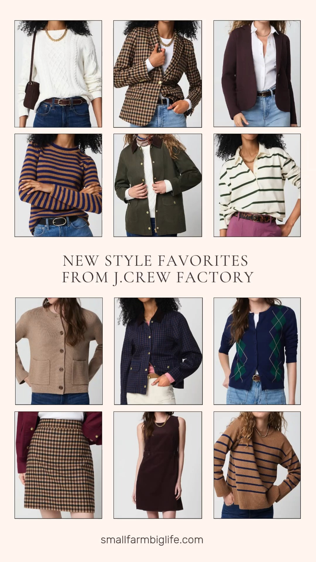 These new style favorites from J.Crew Factory have such a preppy, collegiate feel perfect for autumn outfits.

The ivory Cable Crewneck Sweater is such a timeless staple, and the navy and green argyle Argyle Cardigan Sweater brings a fun, classic pattern into the mix. For layering, the heather mushroom Sweater Jacket with pockets and the berry Schoolboy Sweater Blazer are both great pieces to throw over a blouse for business casual workwear.

On the outerwear side, the dark olive Field Jacket with the brown collar and the navy blue and brown plaid Field Jacket both have such a classic, utilitarian look, and the brown black and tan gingham Herringbone Wool Blend Schoolboy Blazer adds a polished, structured layer for the office.

For tops, the ivory and dark green striped Rugby Shirt and the camel and vivid navy striped Mockneck Sweater both bring that same preppy energy, and the camel and navy striped Wide Hem Sweater rounds things out with an easy, relaxed fit.

For dresses and skirts, the chocolate berry Corduroy Mini Dress and the brown black and tan gingham Wool Blend A Line Mini Skirt are both great pieces to pair with tights and boots for a polished fall look.

So many great new pieces to shop this season, all linked for you.

#jcrewfactory #fallfashion #falloutfits #autumnoutfits #businesscasual 

 #LTKootd #LTKOver40 #LTKWorkwear