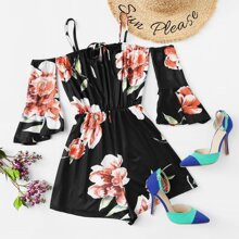 Floral Print Flounce Sleeve Romper | ROMWE