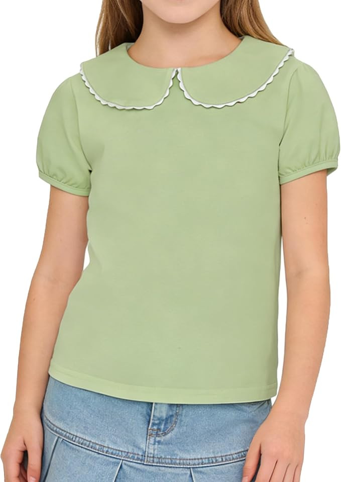 Short Sleeve Peter Pan Collar Shirt for Girls Ages 2–14Y | Cotton fabric, buttoned back necklin... | Amazon (US)