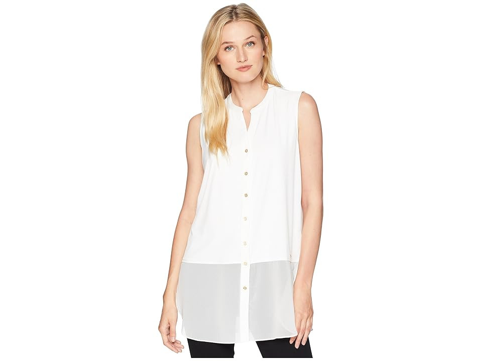 Calvin Klein Sleeveless Button Up w/ Chiffon (Soft White) Women's Sleeveless | 6pm