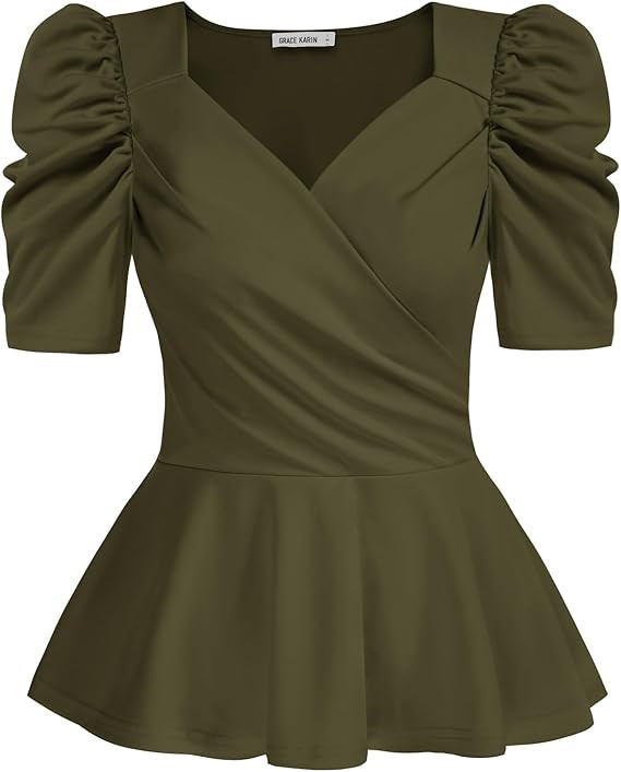 GRACE KARIN Womens Summer Tops Elegant Dressy 2026 Peplum Wrap Top V Neck Puff Short Sleeve Blous... | Amazon (US)