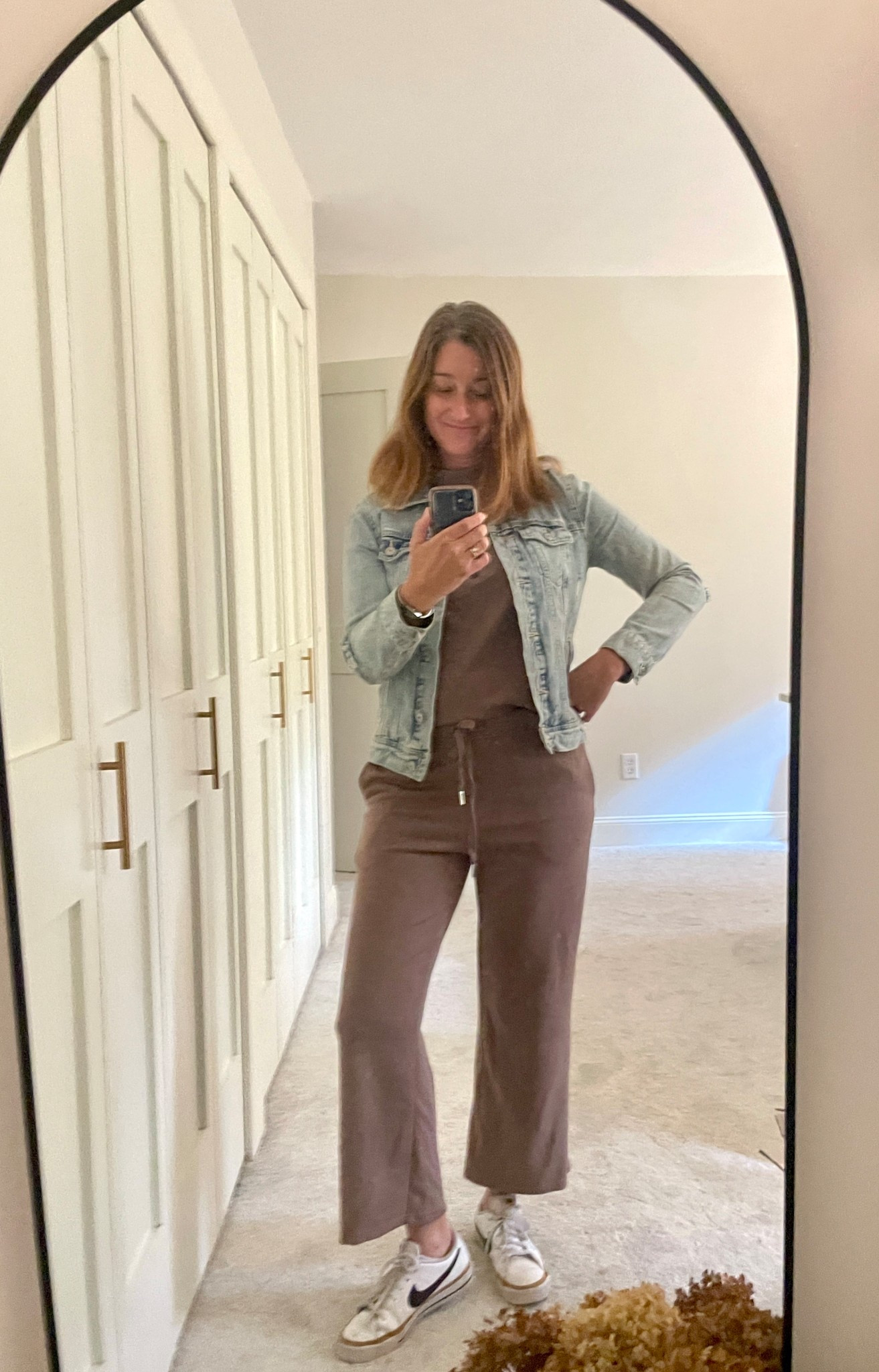 Comfy casual outfit.  Size small.  

Nike shoes.  Jean jacket.  Amazon two piece casual outfit.  

#LTKStyleTip #LTKHome #LTKOver40