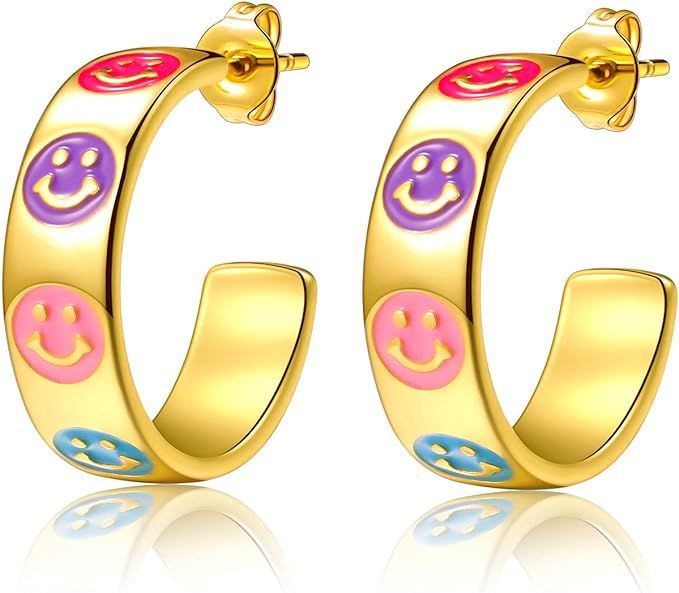 Smiley Face Earrings For Women 14K Gold 925 Sterling Silver Post Earring,Small Open Huggie Hoop E... | Amazon (US)