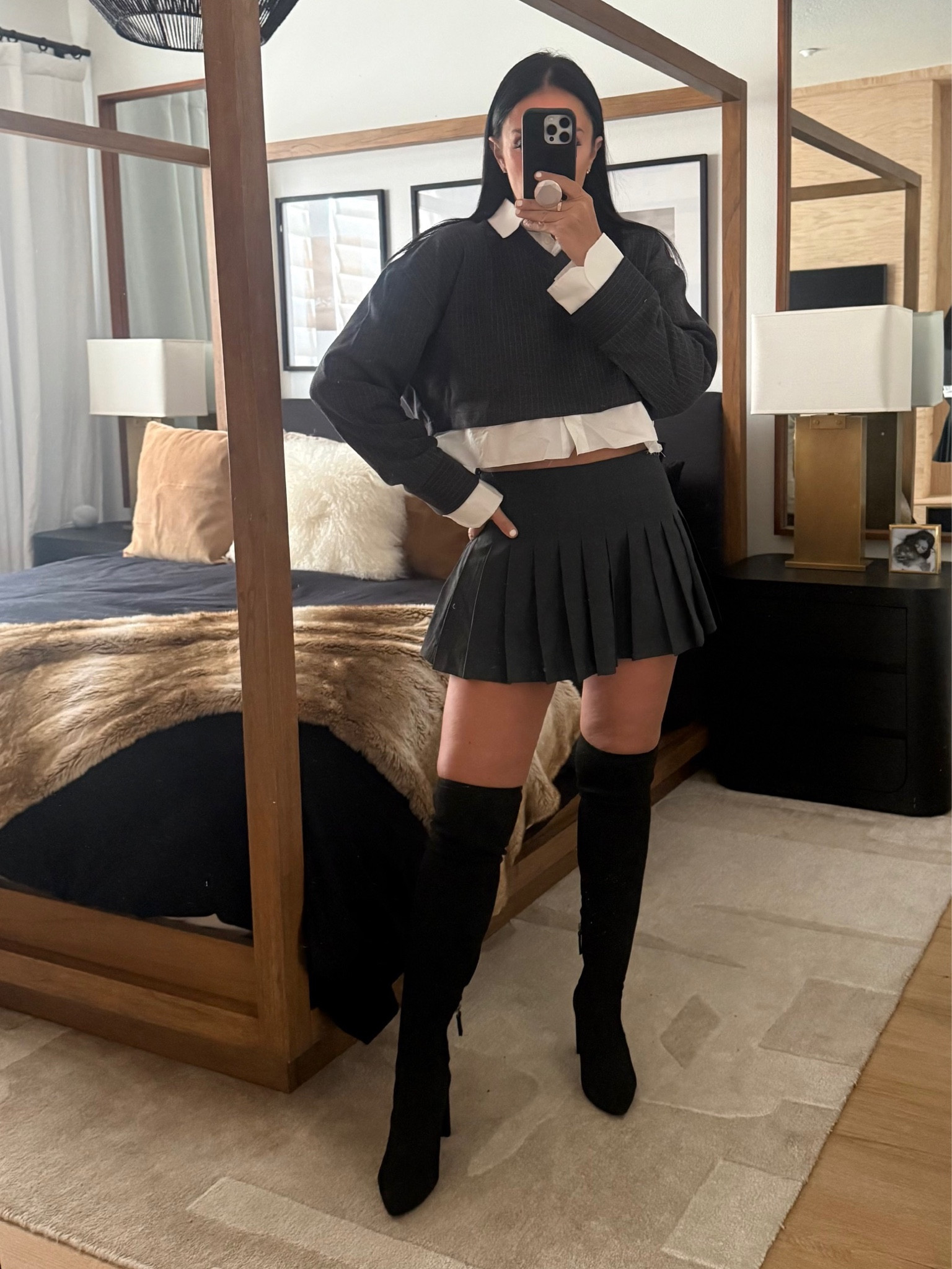 Contrasting Poplin Sweatshirt, wearing size small. Pleated Skort wearing size medium. 