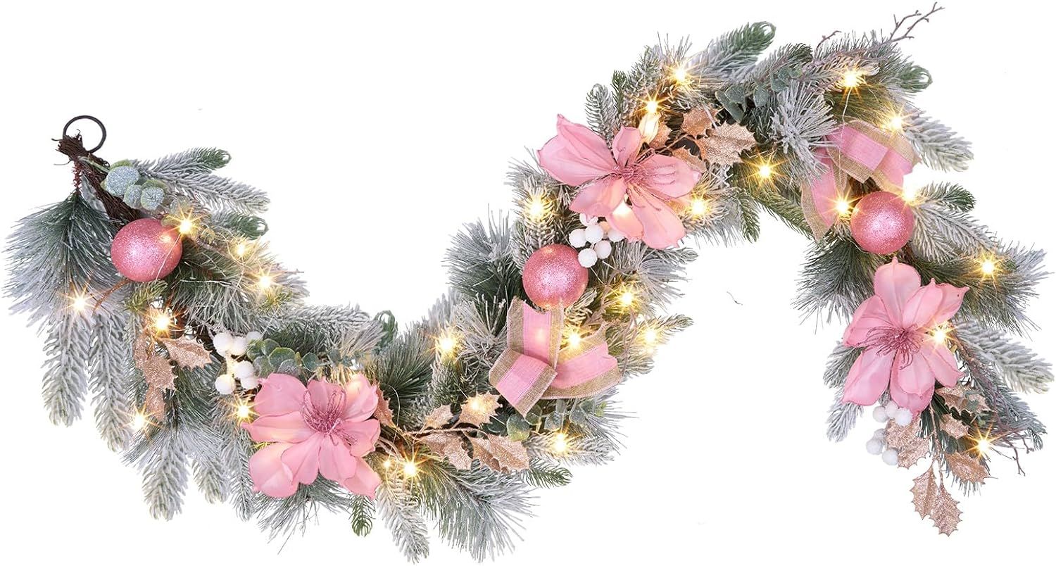 6 feet Christmas Pink Garland for Front Door with 30 LED Lights,Festive Lighted Holiday Garland D... | Amazon (US)