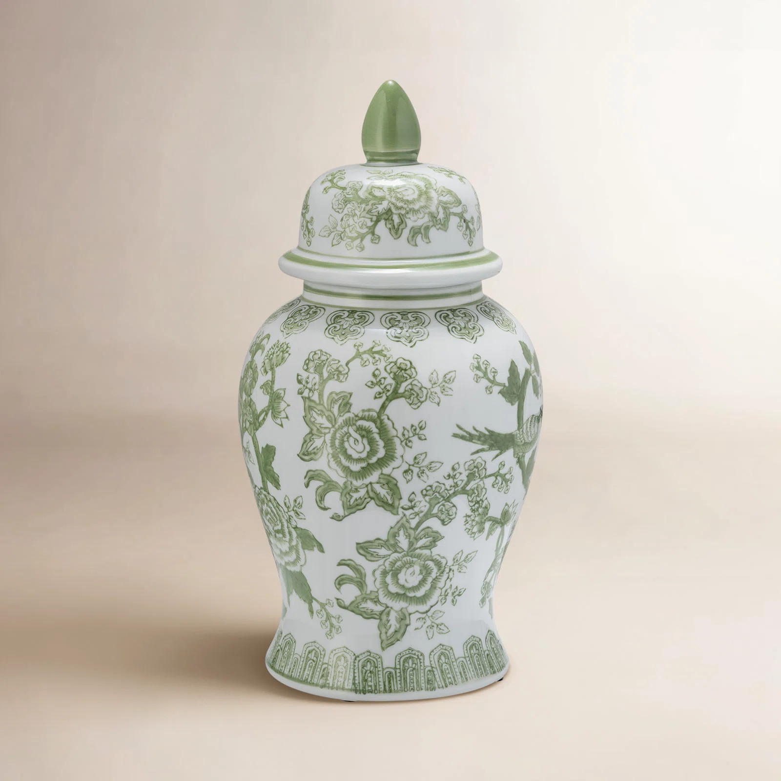 Birch Lane\u2122 Ebba Temple Jar with Lid - Ceramic Green and White Floral Chinoiserie Decorative... | Birch Lane