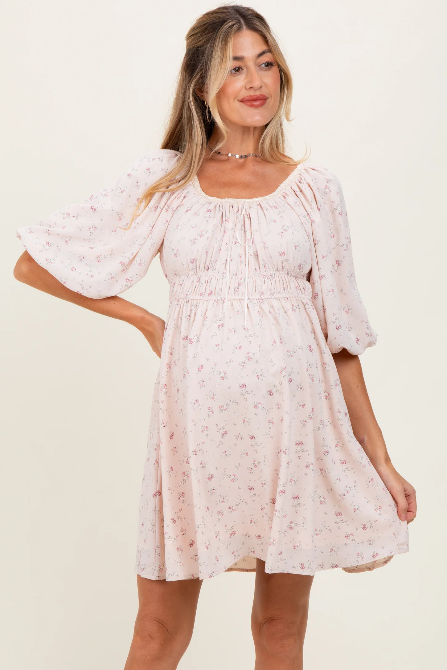 Cream Floral Square Neck Bubble Sleeve Maternity Dress | PinkBlush Maternity