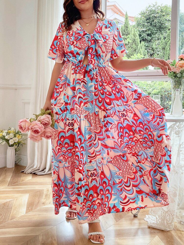 New
     
      Plus Floral Print Tie Front Ruffle Hem Dress | SHEIN