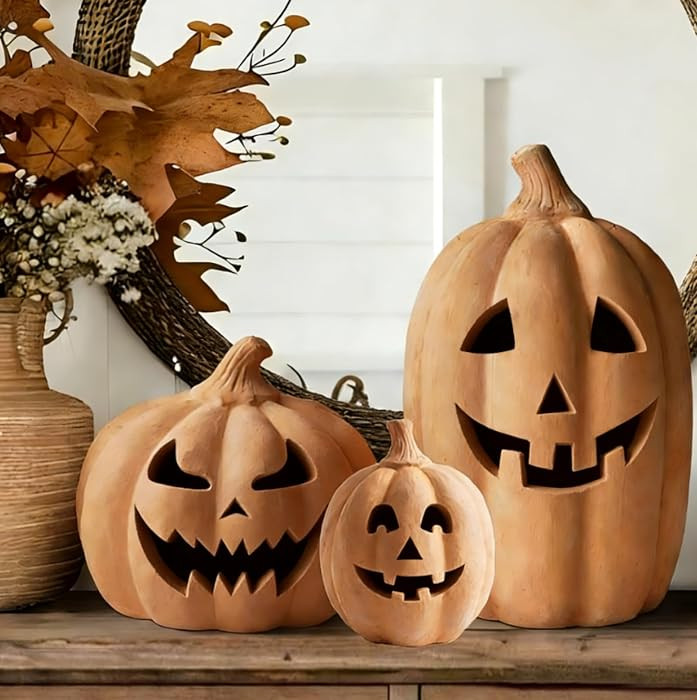 Whaline 3Pcs Halloween Terracotta Pumpkin Decoration Rustic Clay Spooky Pumpkin Table Centerpiece... | Amazon (US)