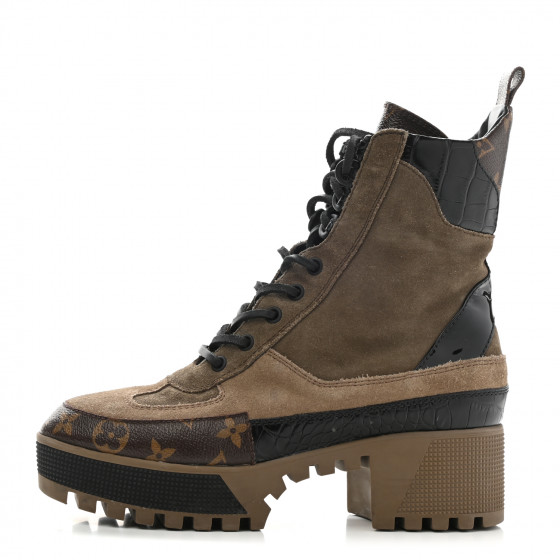 LOUIS VUITTON Suede Calfskin Monogram Laureate Platform Desert Boots 38 Taupe | Fashionphile