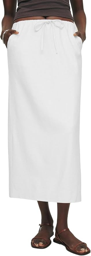 IDEALSANXUN Womens Linen Skirts Trendy Elastic Waist Drawstring Long Skirts with Slit | Amazon (US)