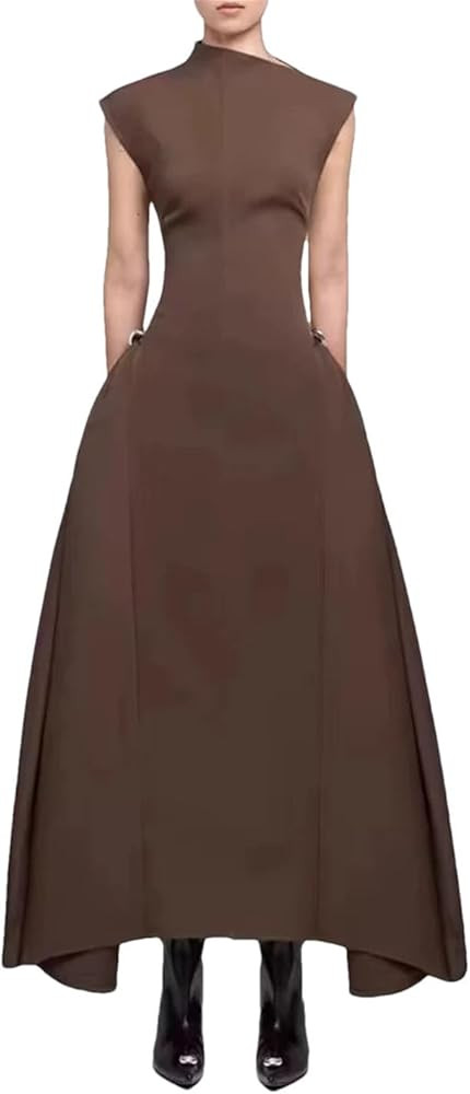 Women Patchwork Folds Dresses Asymmetrical Collar Sleeveless High Waist A Line Solid Dress | Amazon (US)