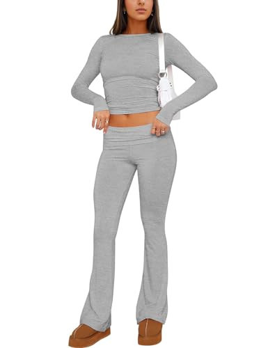 ZHENWEI Women Lounge Sets Crew Neck Crop Tee And Low Rise Flare Pants Tracksuit Slim Fit Two Piece Outfits Grey M | Amazon (US)