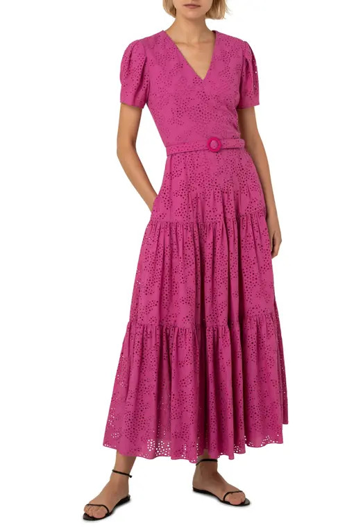 Akris punto Tiered Cotton Eyelet Midi Dress in Hot Pink at Nordstrom, Size 6 | Nordstrom