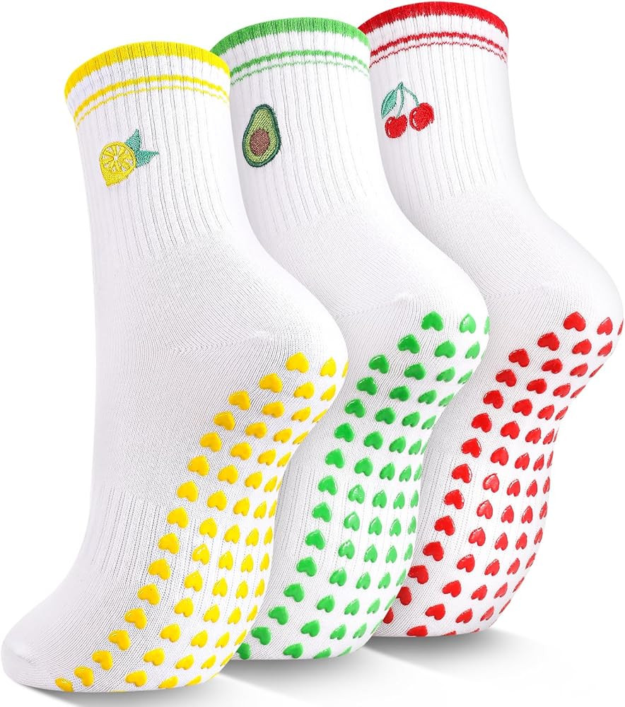 Jspupifip 3 Pairs Fruit Pilates Socks with Grips for Women, Non Slip Cotton Crew Athletic Socks f... | Amazon (US)