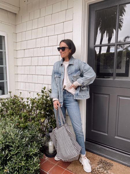 Yesterday’s full outfit- 
Denim jacket (oversized fit; wearing regular size)
Oatmeal sweatshirt (SHANNONP15 for 15% off) 
Straight leg jeans 
Striped, unstructured, tote bag 

#LTKstyletip