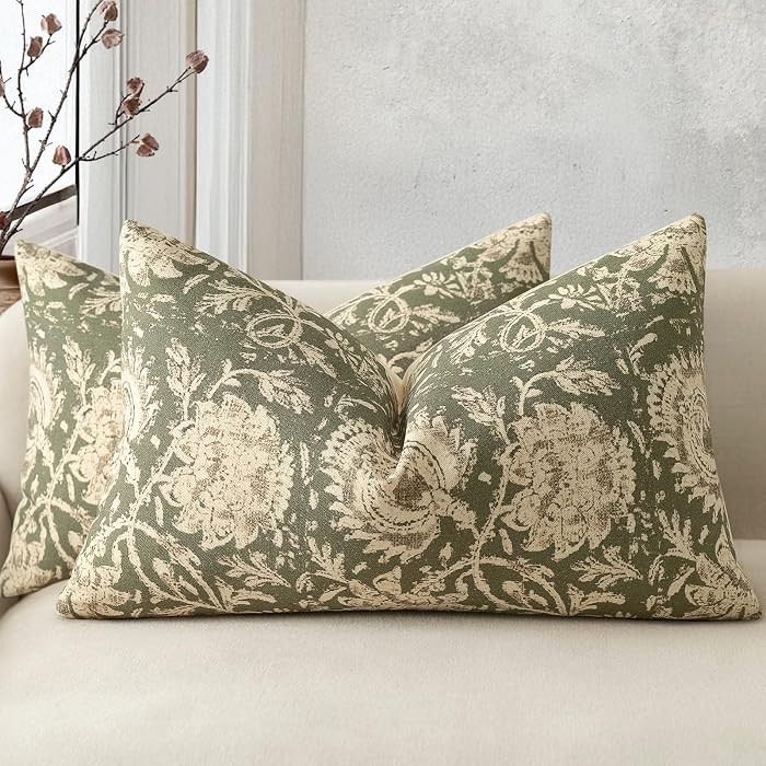 Vintage Floral Print Throw Pillow Covers 12x20 Set of 2 Neutral Modern Farmhouse Pillow Cases Accent Decorative Cushion Covers Boho Home Decor for Couch Sofa Chair Bed Living Room, Olive Green | Amazon (US)