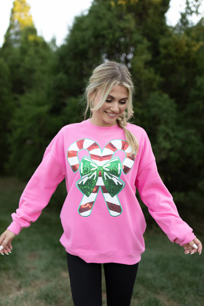 Candy Cane Sequins Patch Pink Oversized Graphic Sweatshirt | Pink Lily