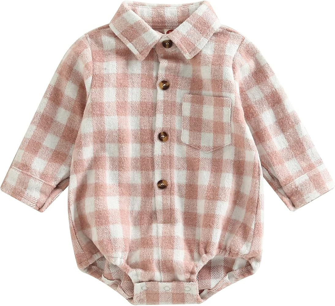 Baby Boy Girl Flannel Plaid Shirt Romper Long Sleeve Lapel Button Down Bodysuit Oversized Tops Fa... | Amazon (US)