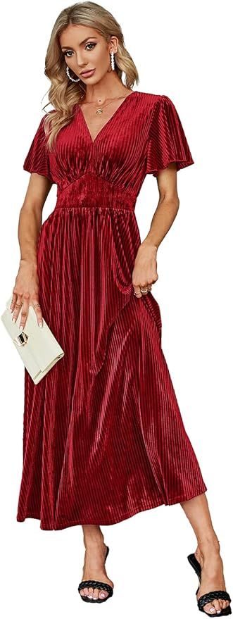 Simplee Apparel Women's Boho Floral V Neck Formal Maxi Ruffle Dress Long Flowy Bridesmaid Wedding... | Amazon (US)